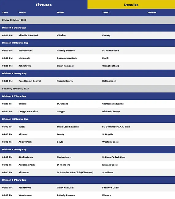 Roscommon GAA Fixtures